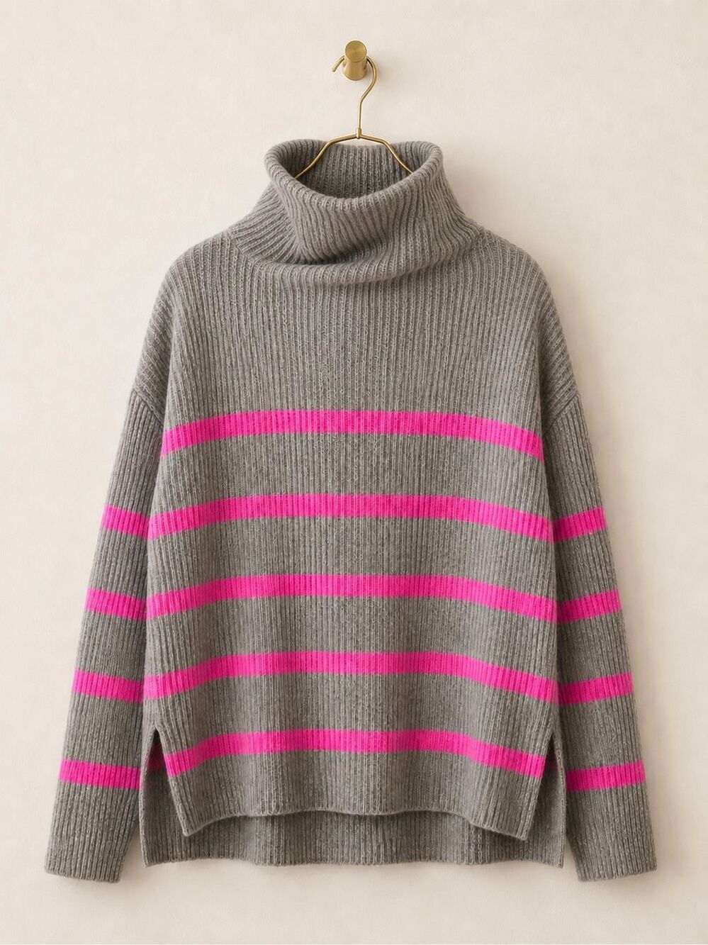 Autumn Cashmere Breton Stripe Gray Pink Cowl Neck Sweater luxury cashmere, overs